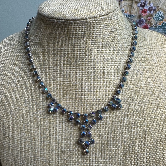 Coro Blue AB Crystal Set Choker Necklace Screw Back Earrings Demi Parrure - Picture 4 of 16